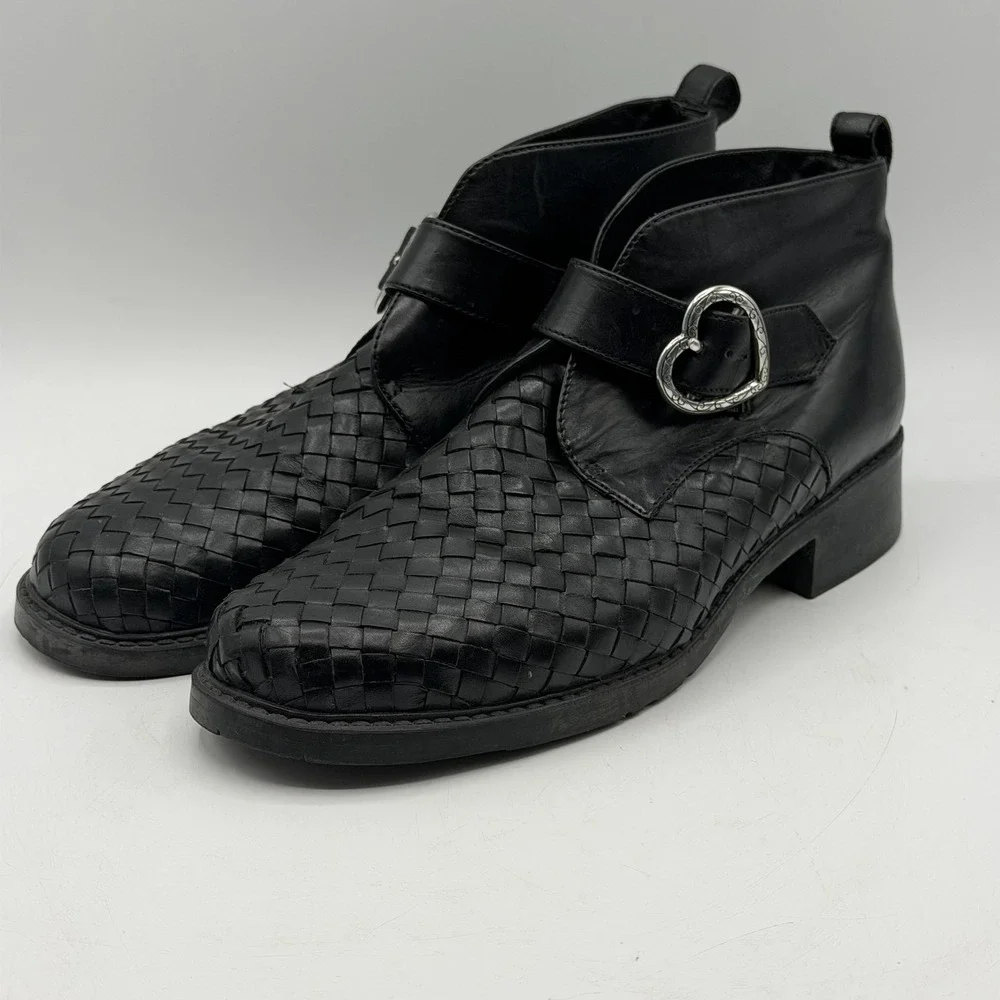 Vintage Brighton Womens 7.5 Krista Black Woven Leather Ankle Boots Heart Buckle